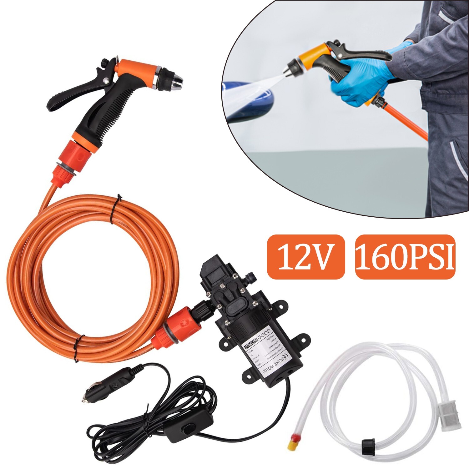 12V 160PSI Washdown Wash Pump Kit Electric DIY Car Washer Cleaner Sprayer Tool#