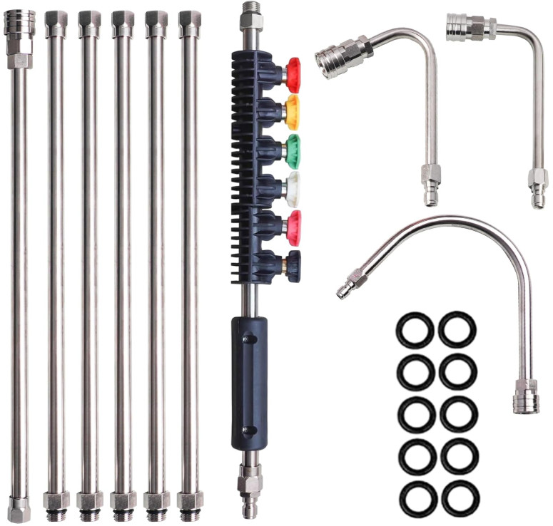 10 Extensiones Hidrolavadora 1/4″ 4000PSI + 6 Boquillas y Limpiador Canaletas