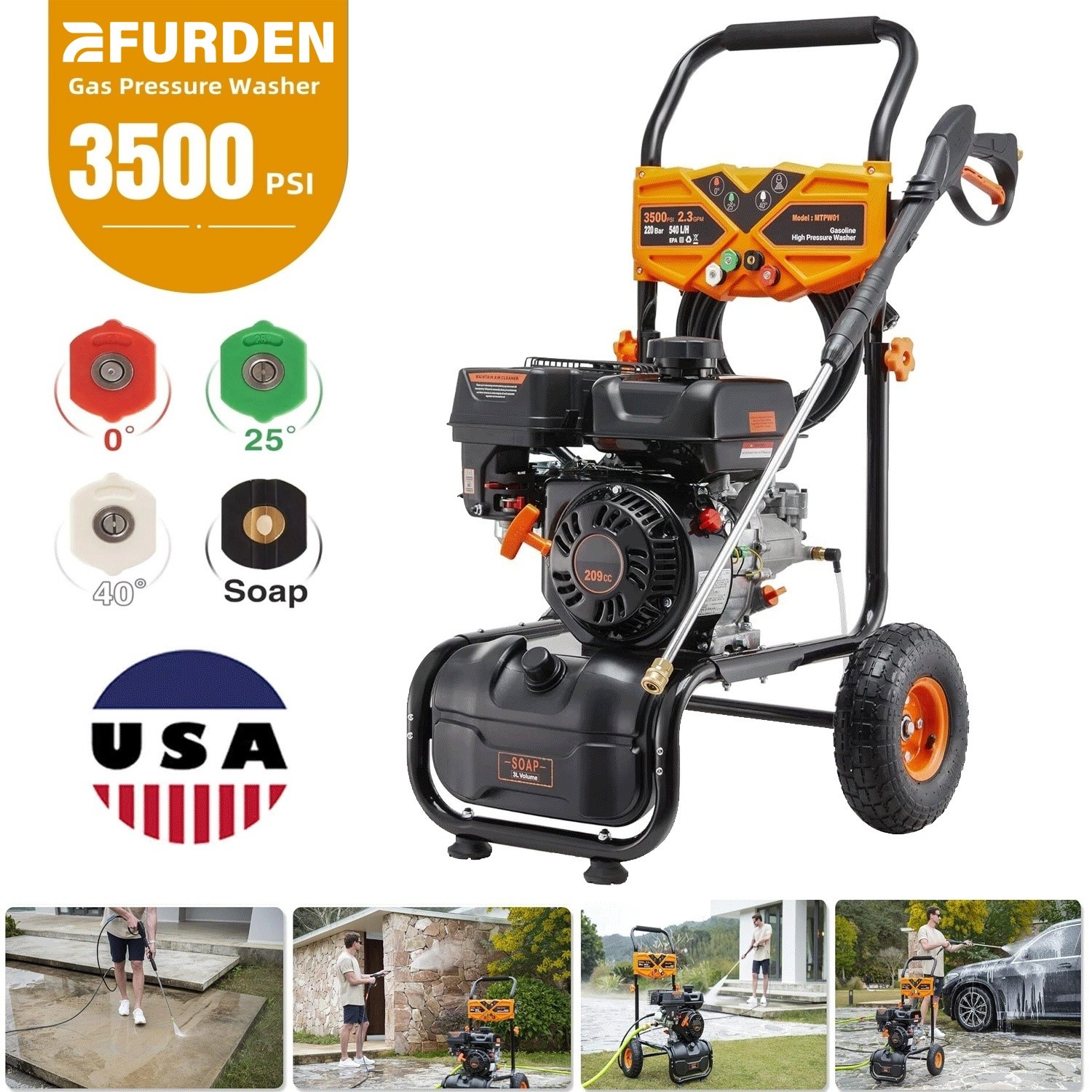Efurden High Pressure Washer Gasoline for Car/Floor 3500PSI 2.3GPM 209cc Engine