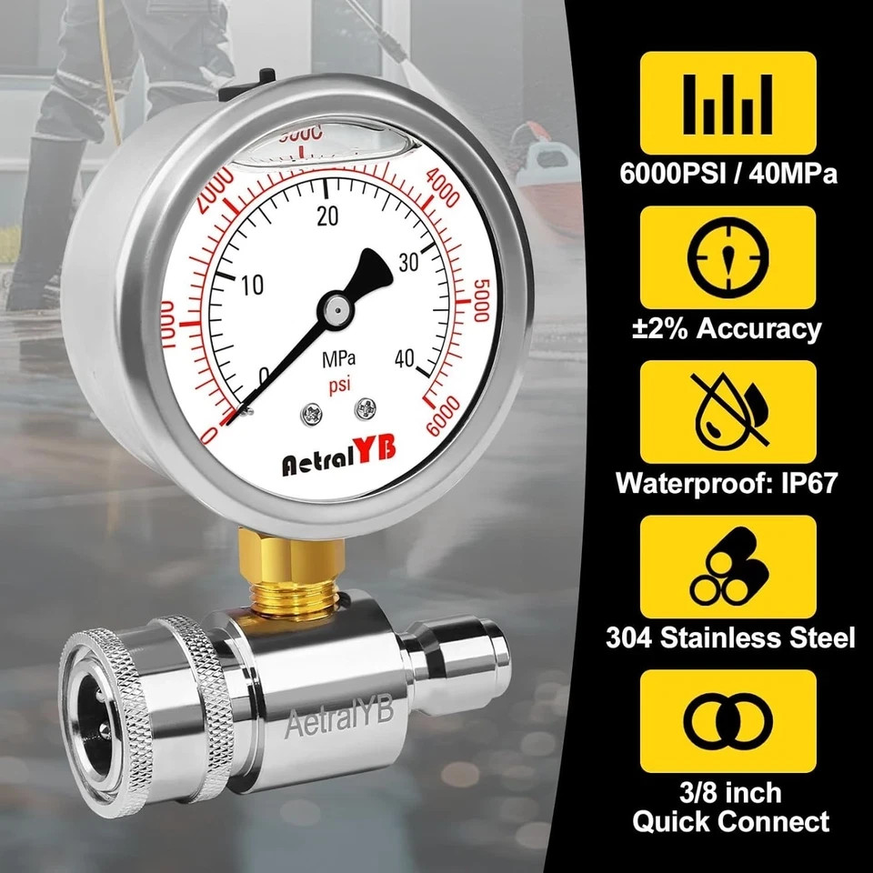 6000PSI Washer Pressure Gauge,3/8″ Push-To-Connection Quick Connection,Stainless