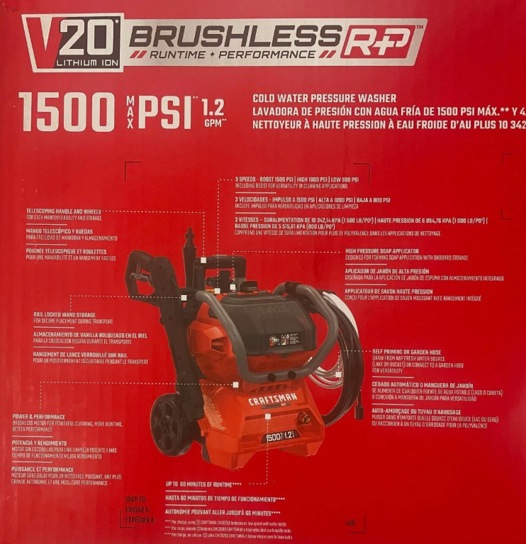 Craftsman Brushless 1500 PSI Pressure Washer 20V Battery + Charger CMCPW1500N2