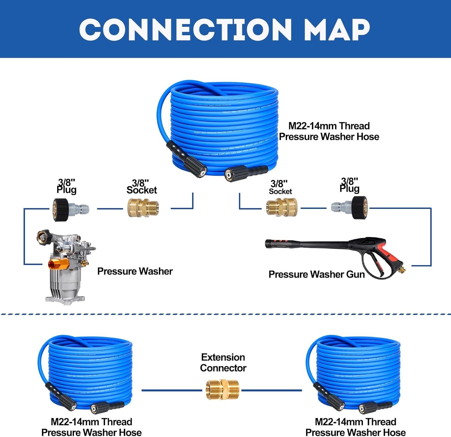 TOOLCY 3400 psi Super Flexible Pressure Washer Hose with 3/8″ Quick Adapters