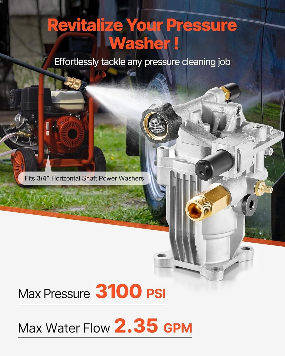 3100 PSI Pressure Washer Pump 3/4″ Shaft 2.35 GPM for Honda Simpson