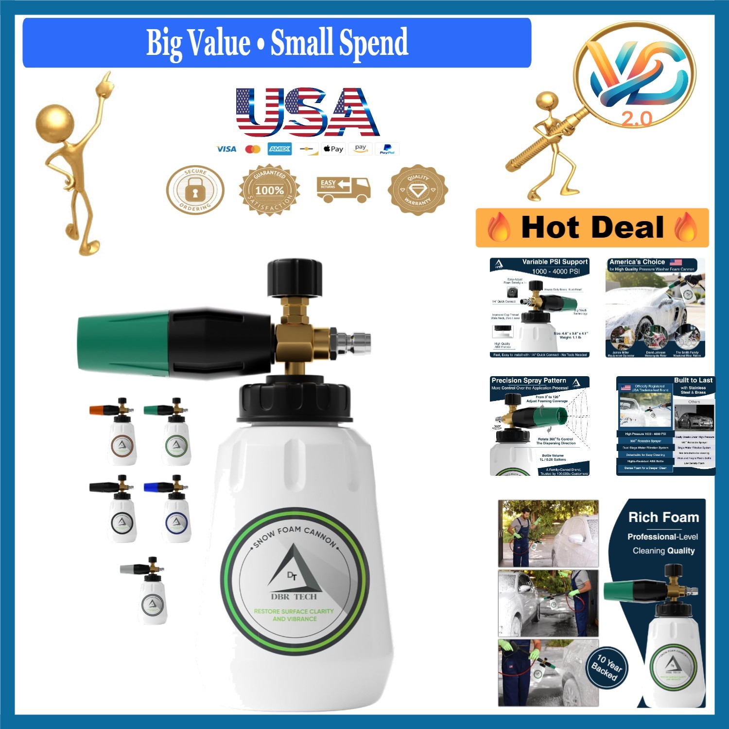 Pro Grade Foam Cannon for Pressure Washer 1L 1.1mm Orifice 4000 PSI Green
