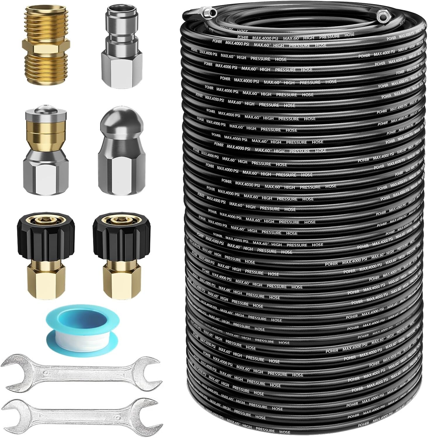 POHIR 200FT Pressure Washer Hose 1/4″ 4000PSI Sewer Jetter Nozzles Hose Kit