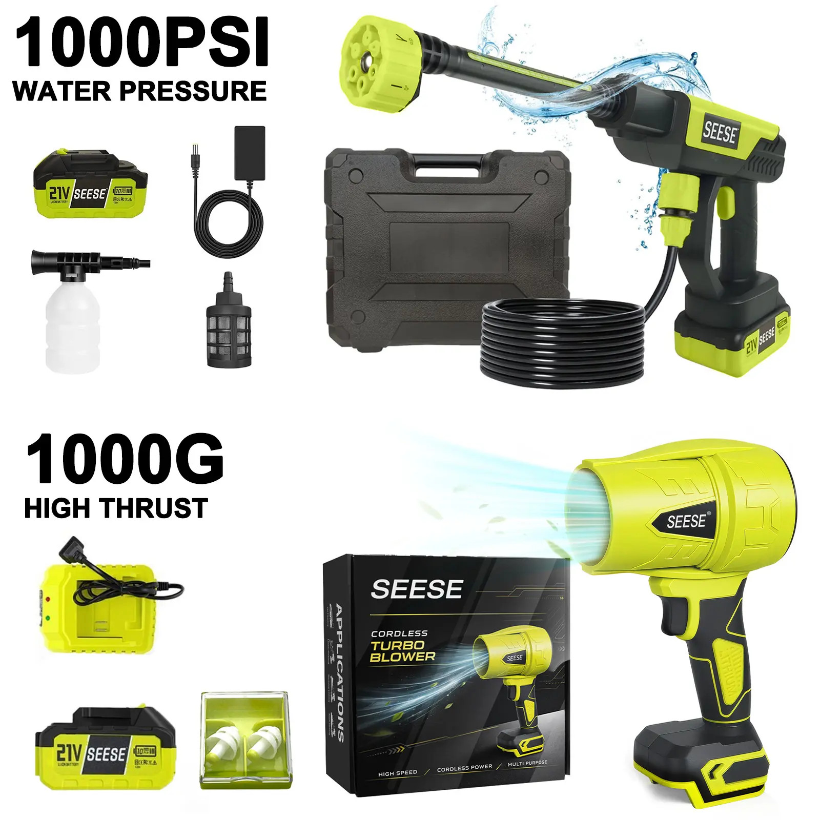 【Dealsforyoudays】Seese 21V Cordless Car Cleaning Kit with 1000 PSI Pressure Wash