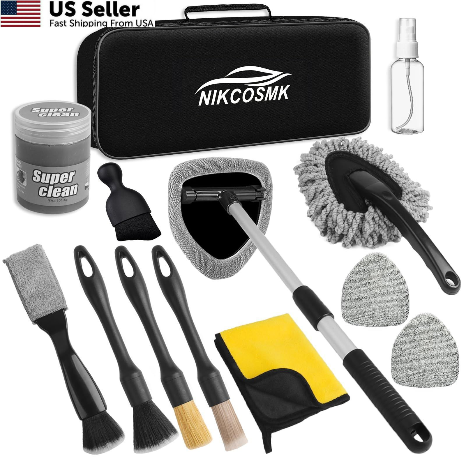 NIKCOSMK Windshield Cleaner Tool, 14Pcs Car Cleaning Kit – Interior Black