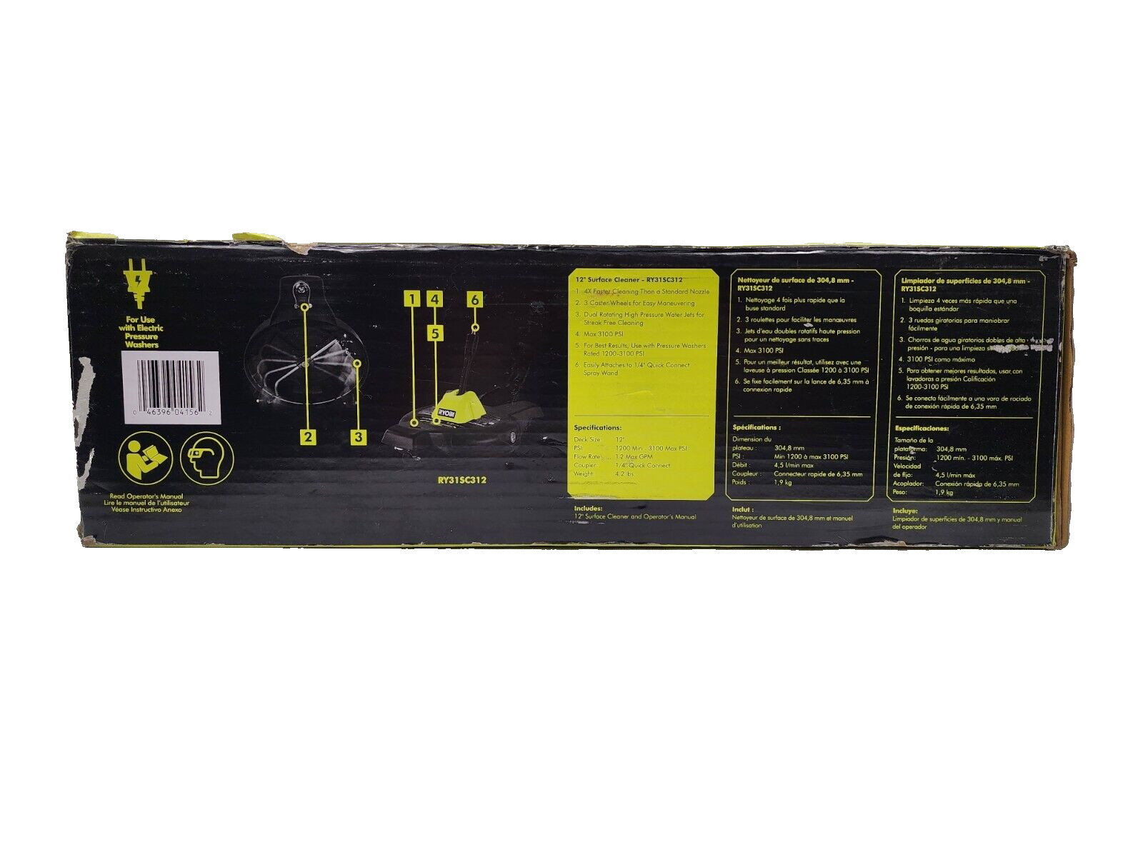 RYOBI 12 in. 3100 PSI Electric Pressure Washer Surface Cleaner with Caster