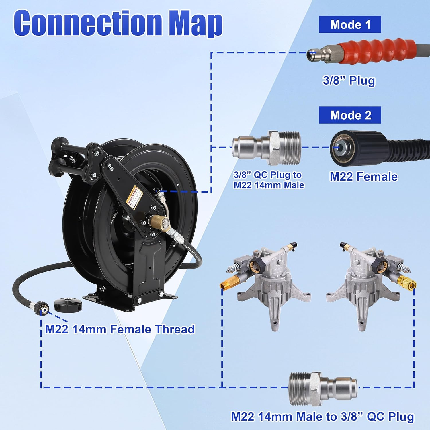 High Pressure Washer Hose Reel for Water/Air/Oil, 50 FT X 3/8″ or 100 FT X 1/4″