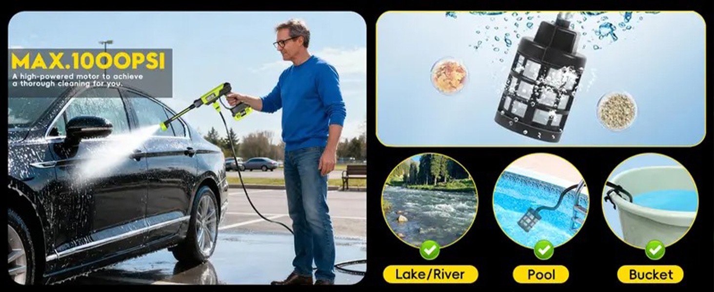 Cordless Pressure Washer Gun 126 PSI Portable Electric 6-in-1 Nozzle for Vehicle