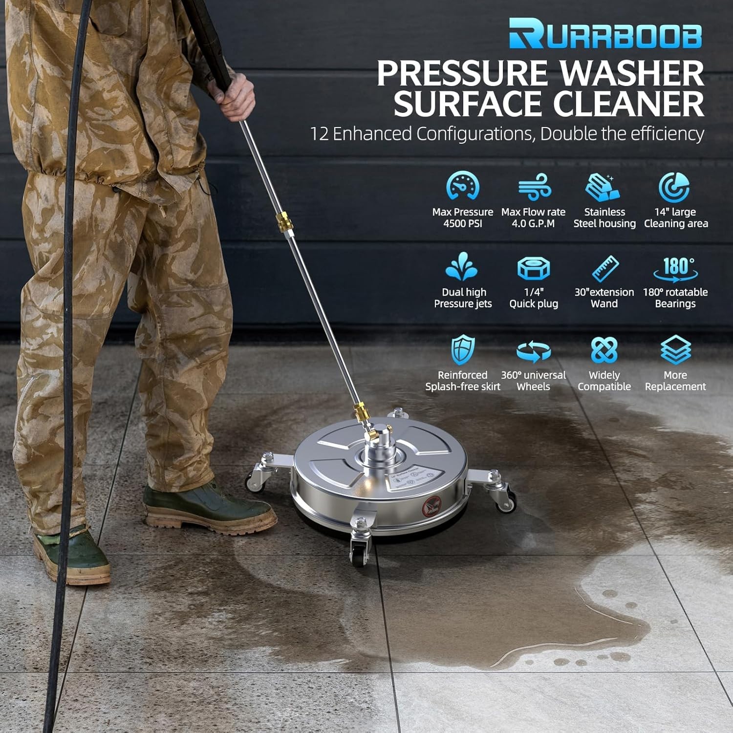 Washer Surface Cleaner 4500 PSI with 304 Industrial-grade Stainless Steel Housin
