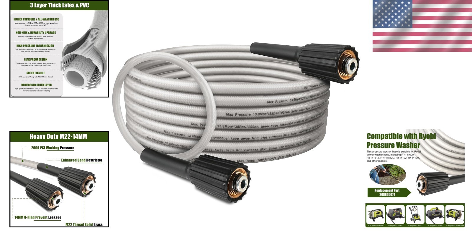 Durable 20ft Leak-Proof Ryobi Pressure Washer Hose for Effective Cleaning