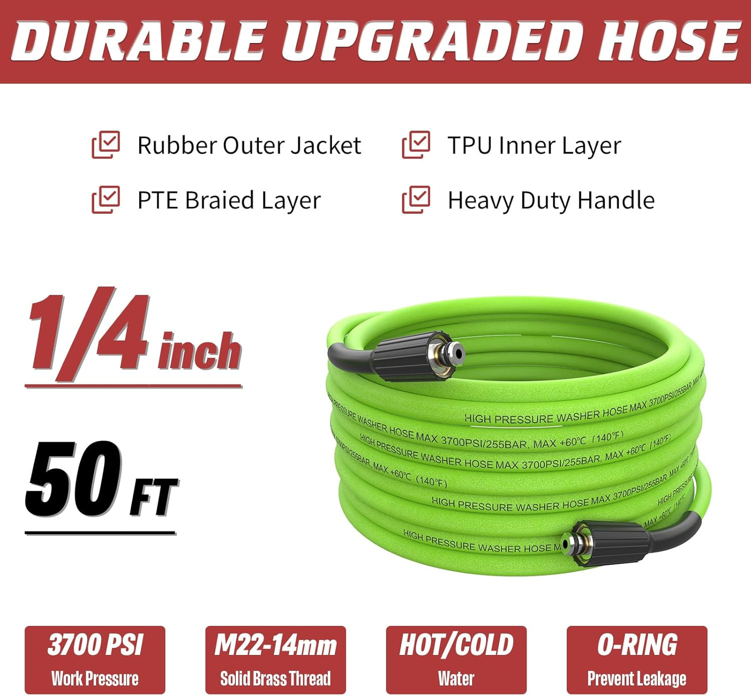 Pressure Washer Hose 50 FT, 1/4″ Super Flexible Green Power Washer Hose, 3700 PS
