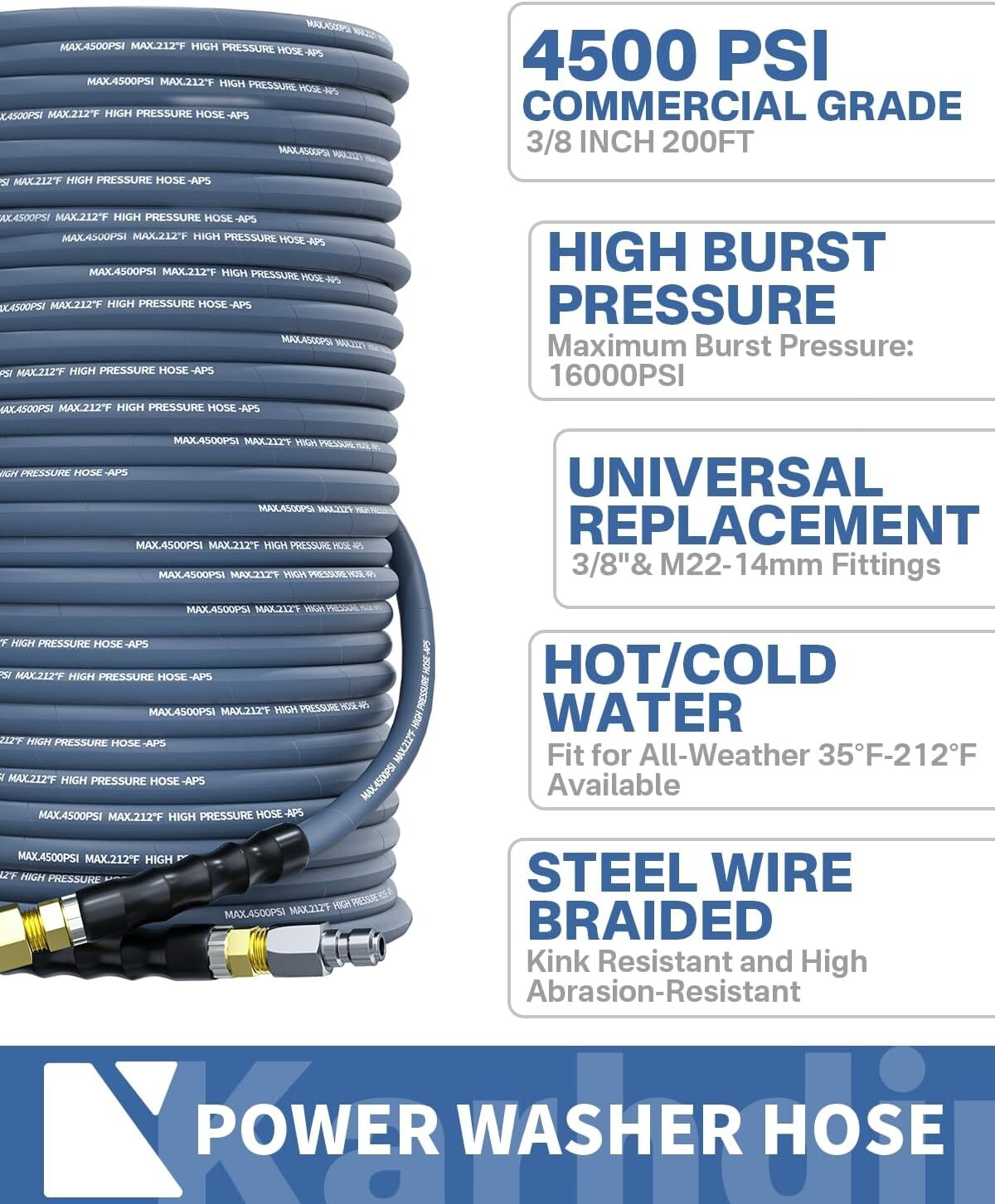 200FT 4500PSI 3/8″ Pressure Washer Hose 2-Braid Kink Resistant Power Hose QC