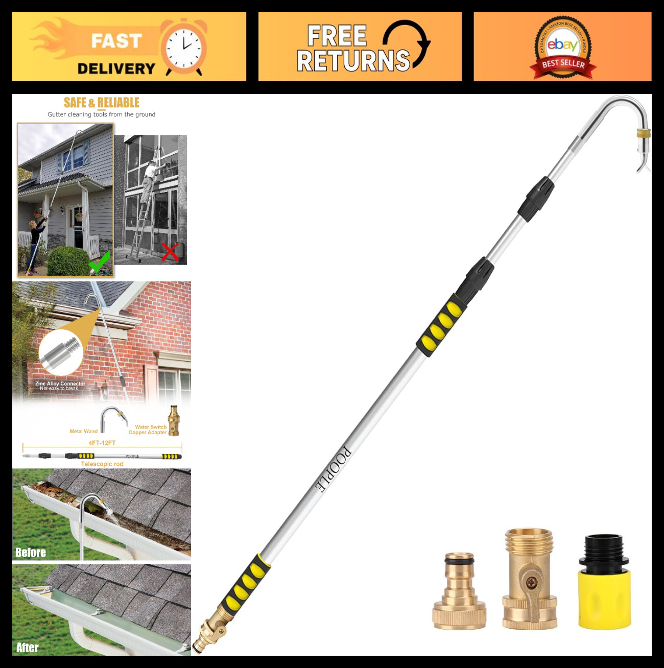 20FT Telescoping Gutter Cleaning Tool, 360° Metal Head, Hose Attachment & Adapte