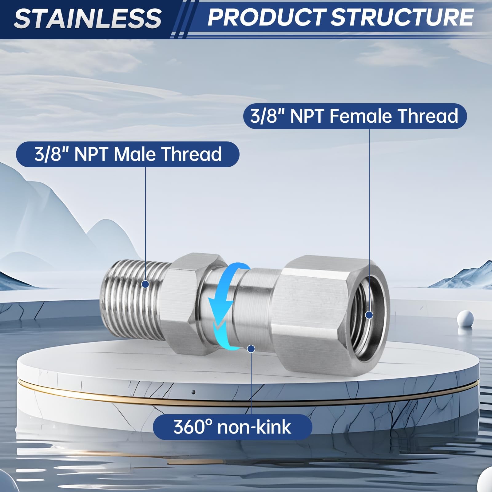 2 PCS 3/8 Inch NPT Thread Pressure Washer Swivel Fittings Stainless 5000 PSI
