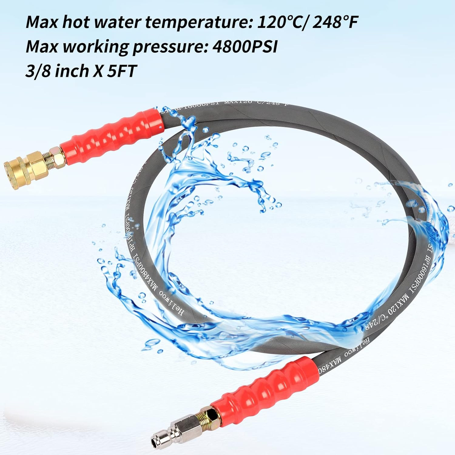 Pressure Washer Whip Hose 5FT, 3/8” Reel Connector for Power Washer, 248°F Hot