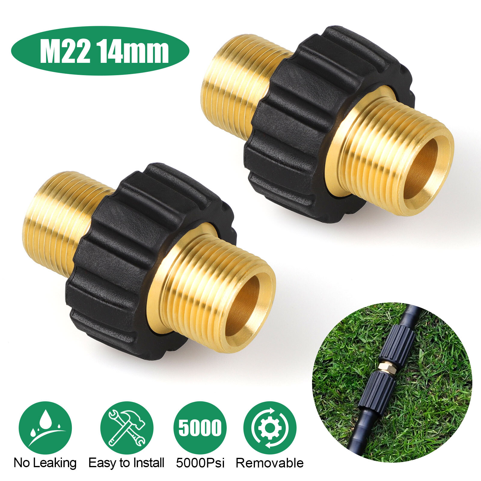 2x M22-14mm Quick Connect Hose Adapter 5000PSI Pressure Washer Connector Fitting