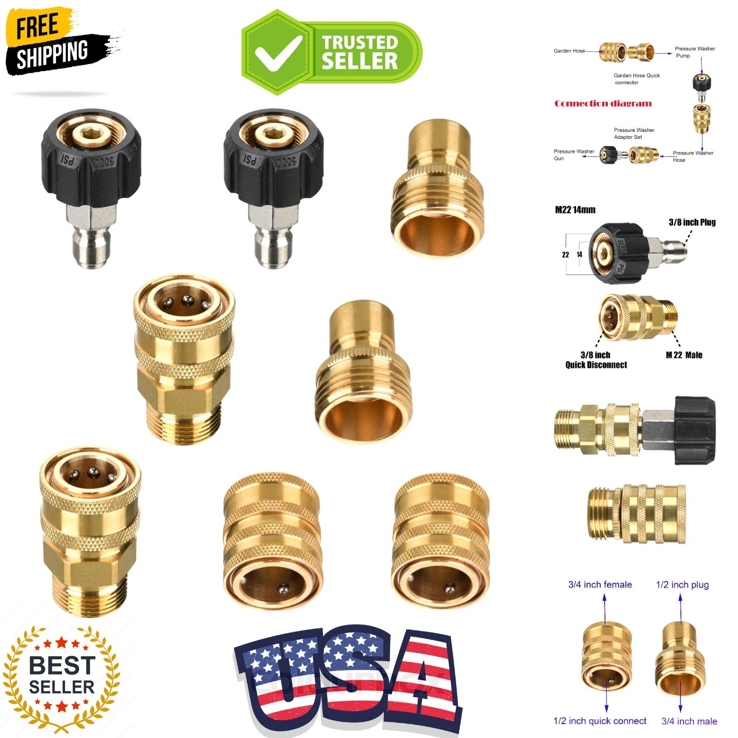 Pressure Washer Adapter Set, M22 14mm to 3/8″ Quick Connect Kit for Power Was…