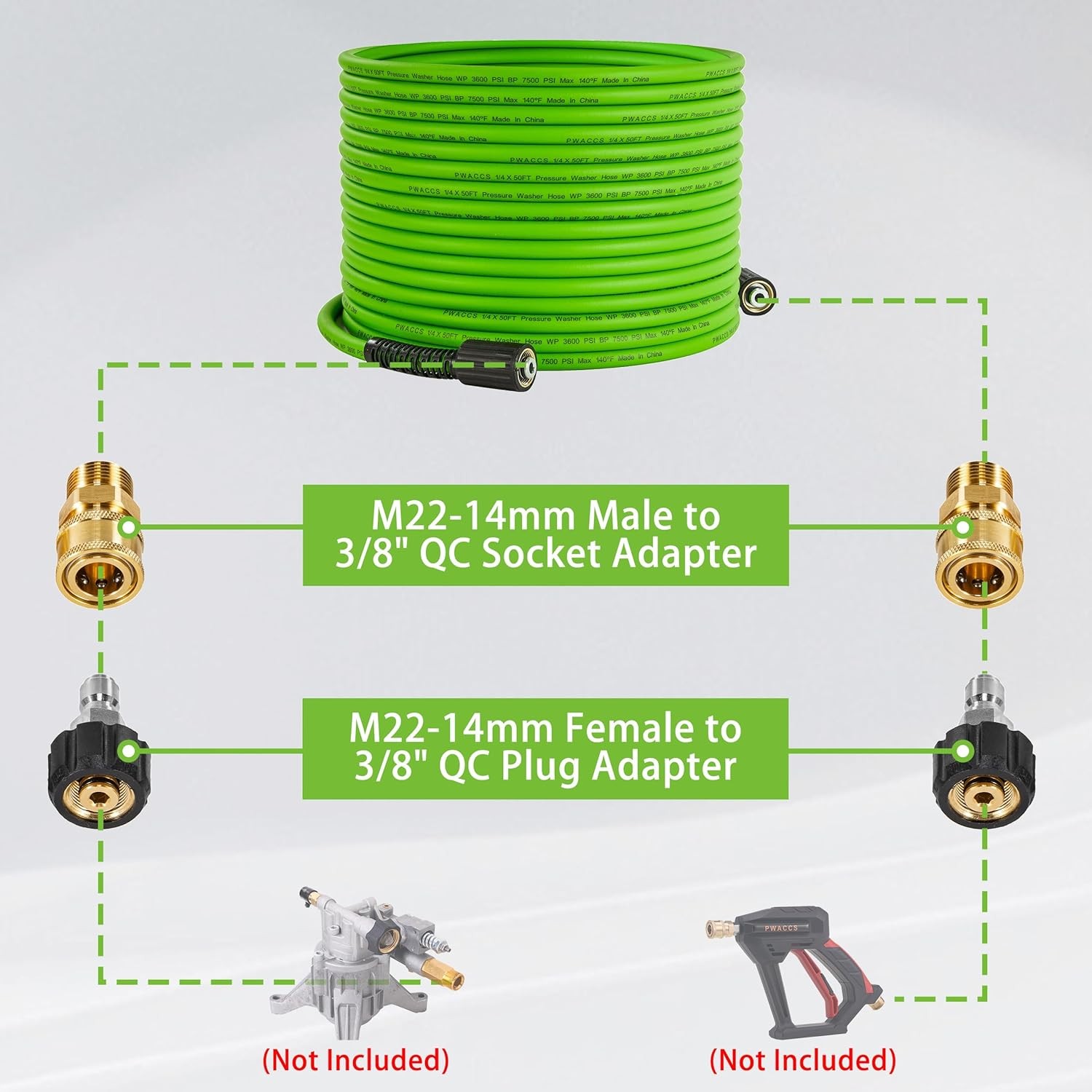 Pressure Washer Hose 50FT 1/4″ 3600PSI Kink Resistant M22 Fittings Extension