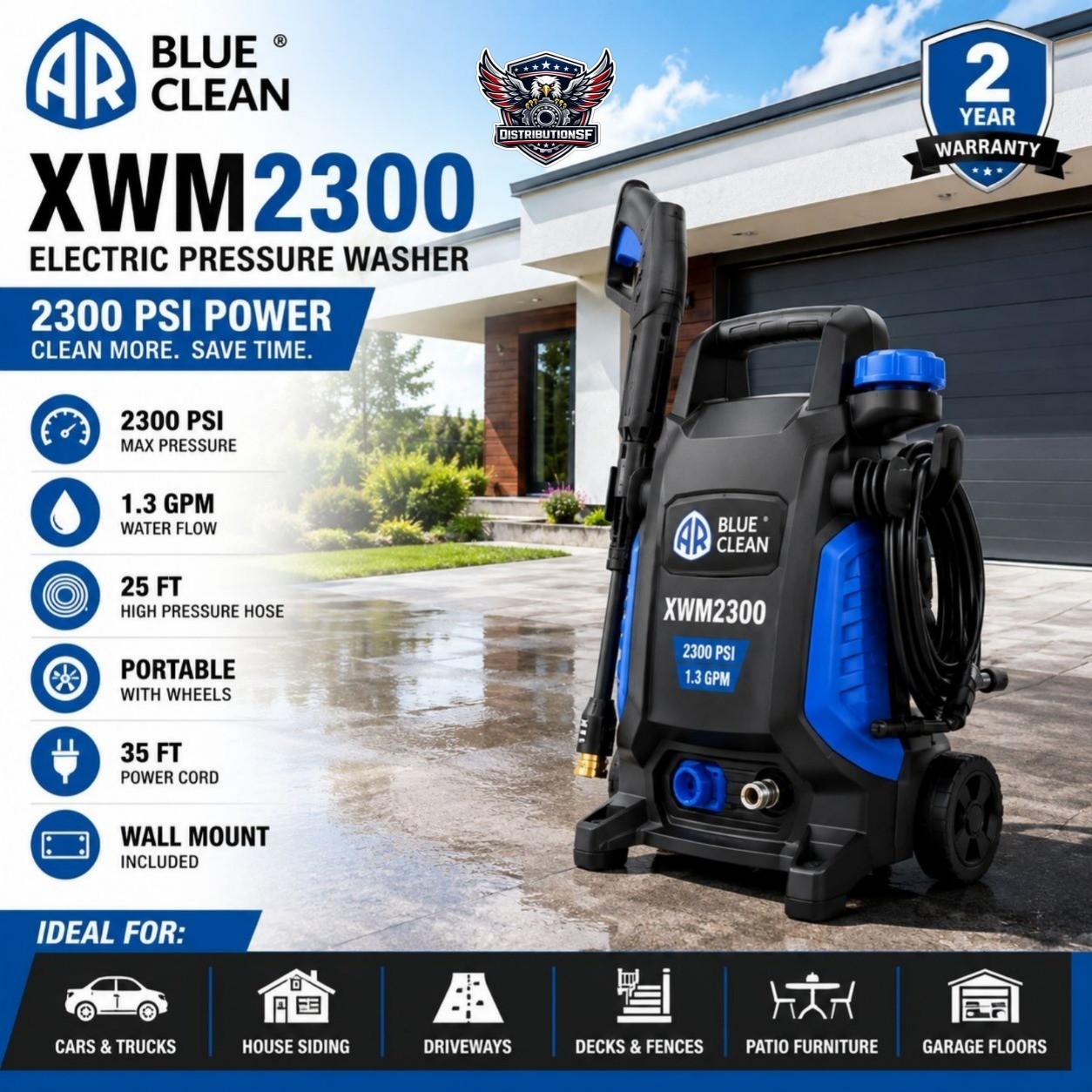 AR Blue Clean XWM2300 Electric Pressure Washer 2300 PSI 1.3 GPM Portable