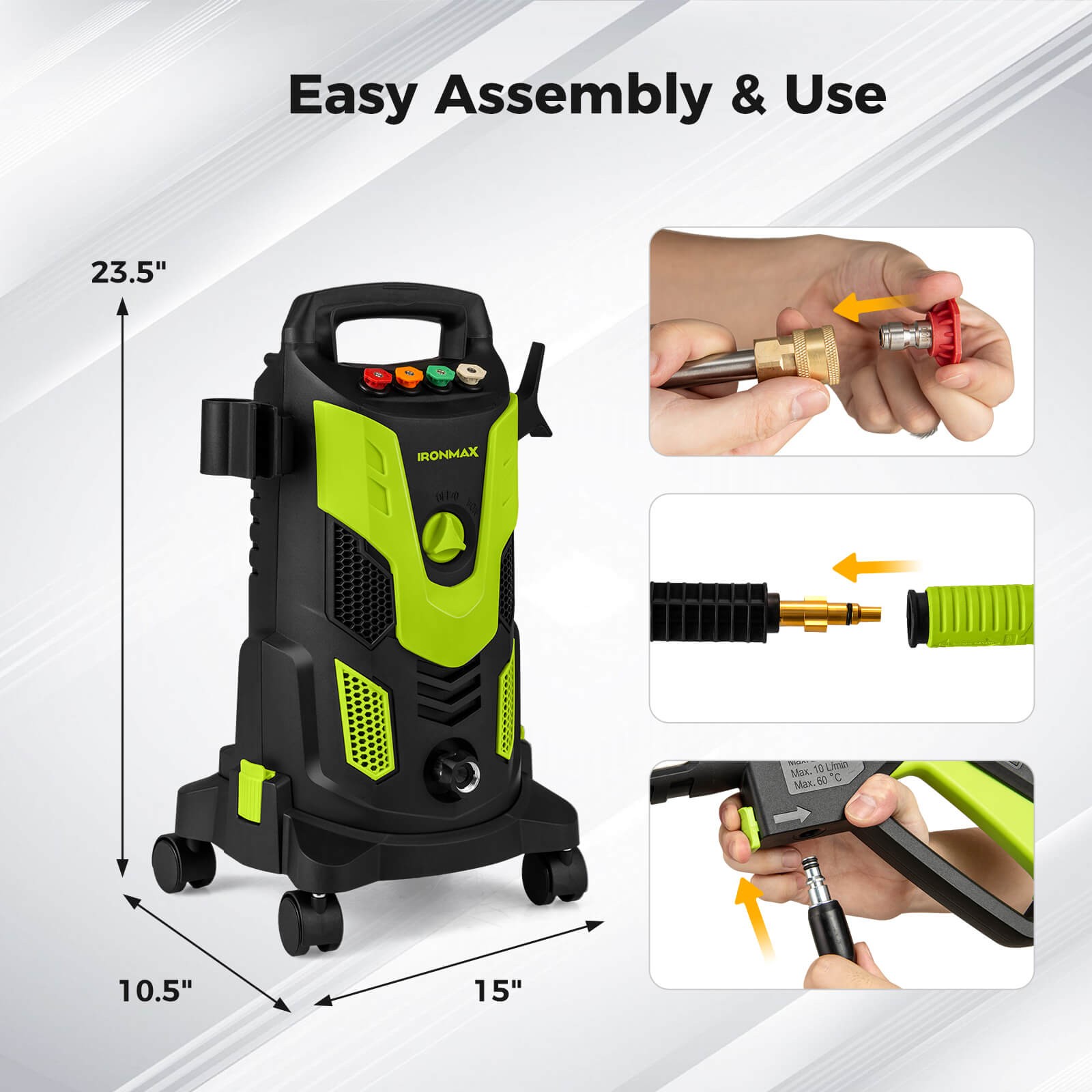 Electric Pressure Washer w/ 4 Nozzles & Soap Bottle Lockable Wheels for Cleaning