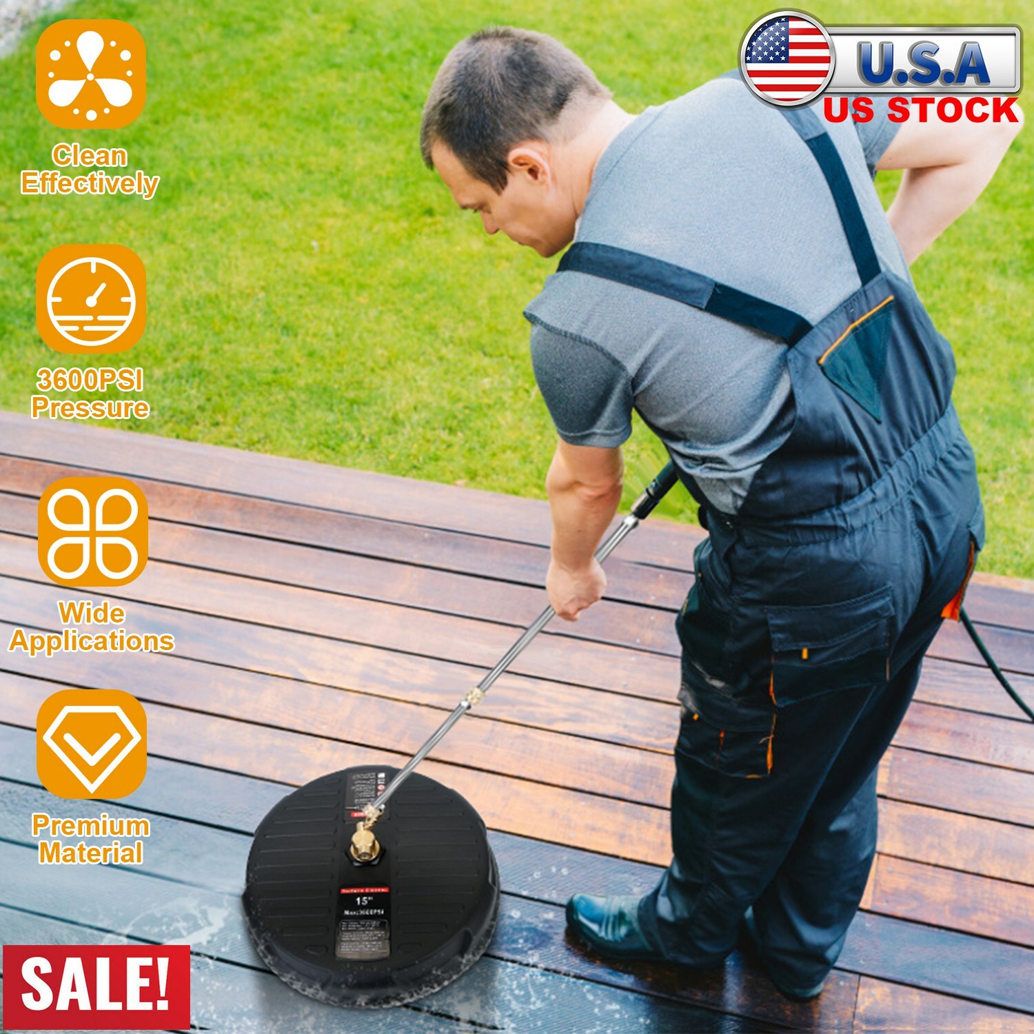15″ Pressure Washer Surface Cleaner w/ 2 Extension Wands 1/4″ Connector 4000PSI