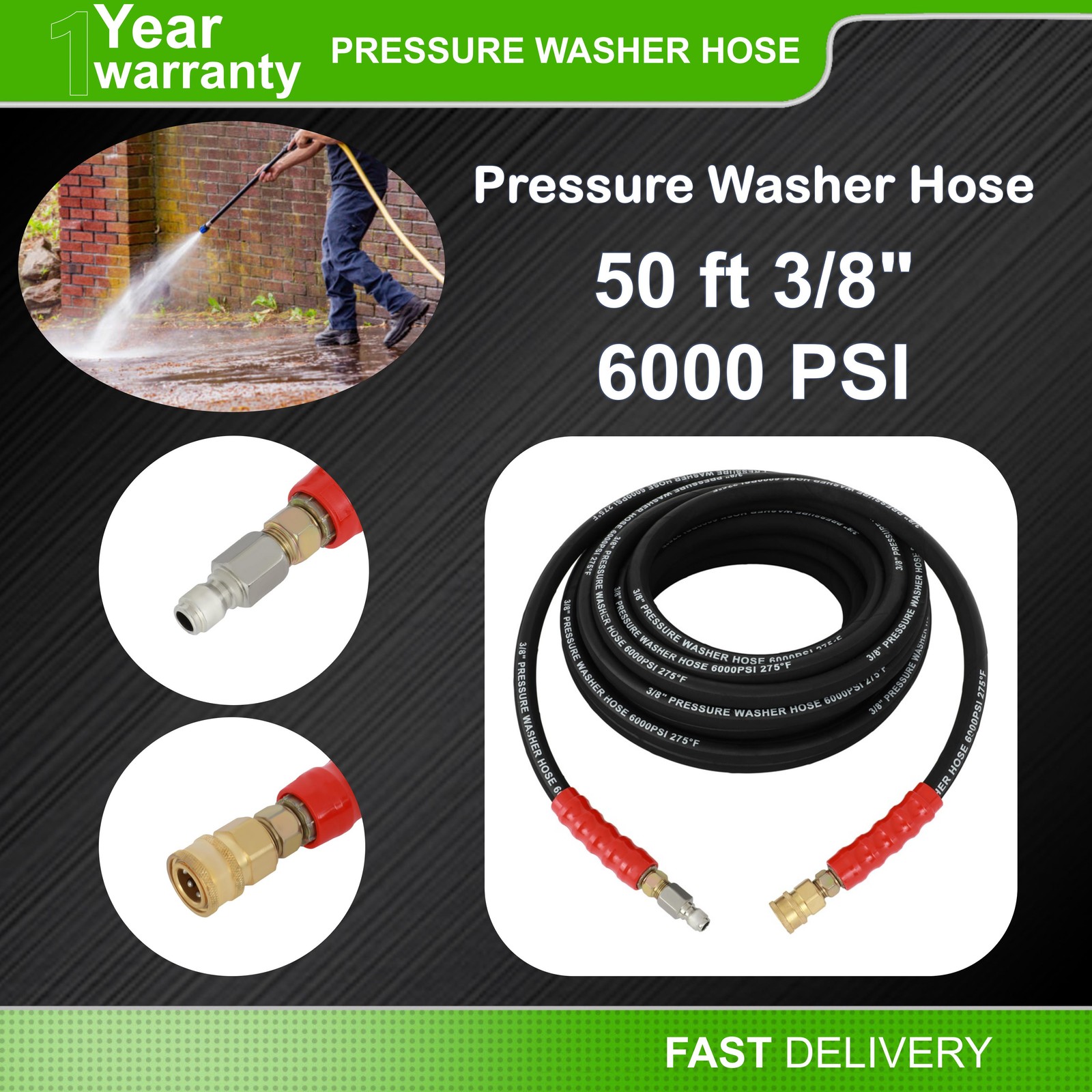 6000 PSI Pressure Washer Hose 3/8″ x 50ft / 100ft Non-Marking R2 Rating 2 Wire
