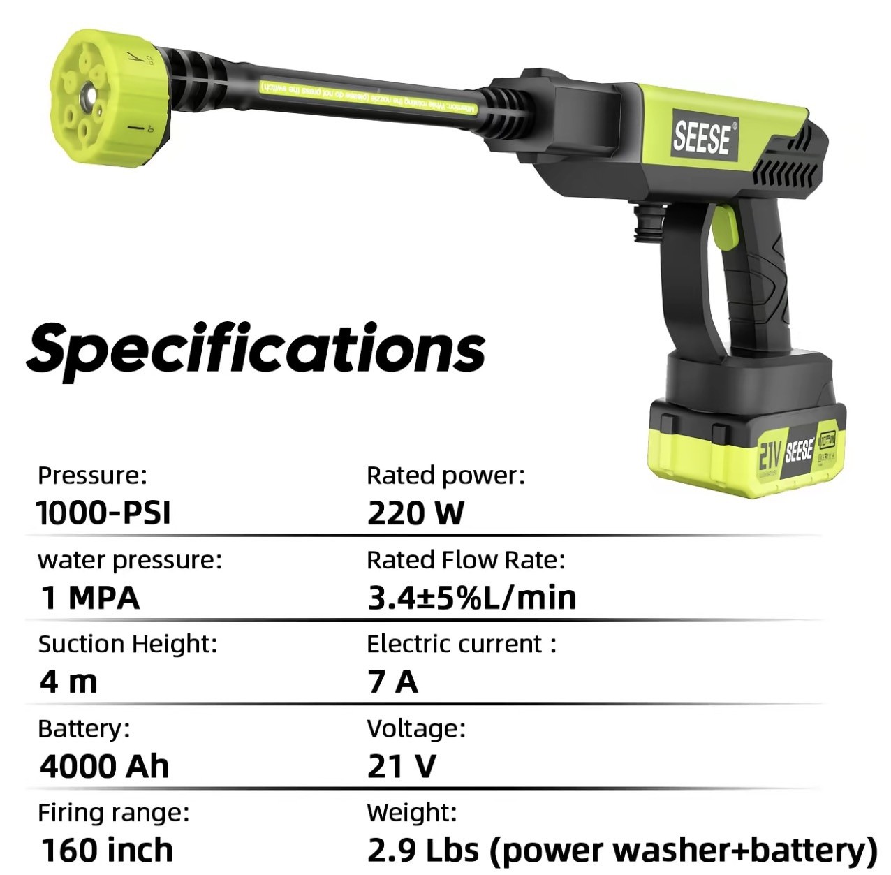 SEESE 1000 PSI Cordless Pressure Washer for Car & Garden with Charger Base
