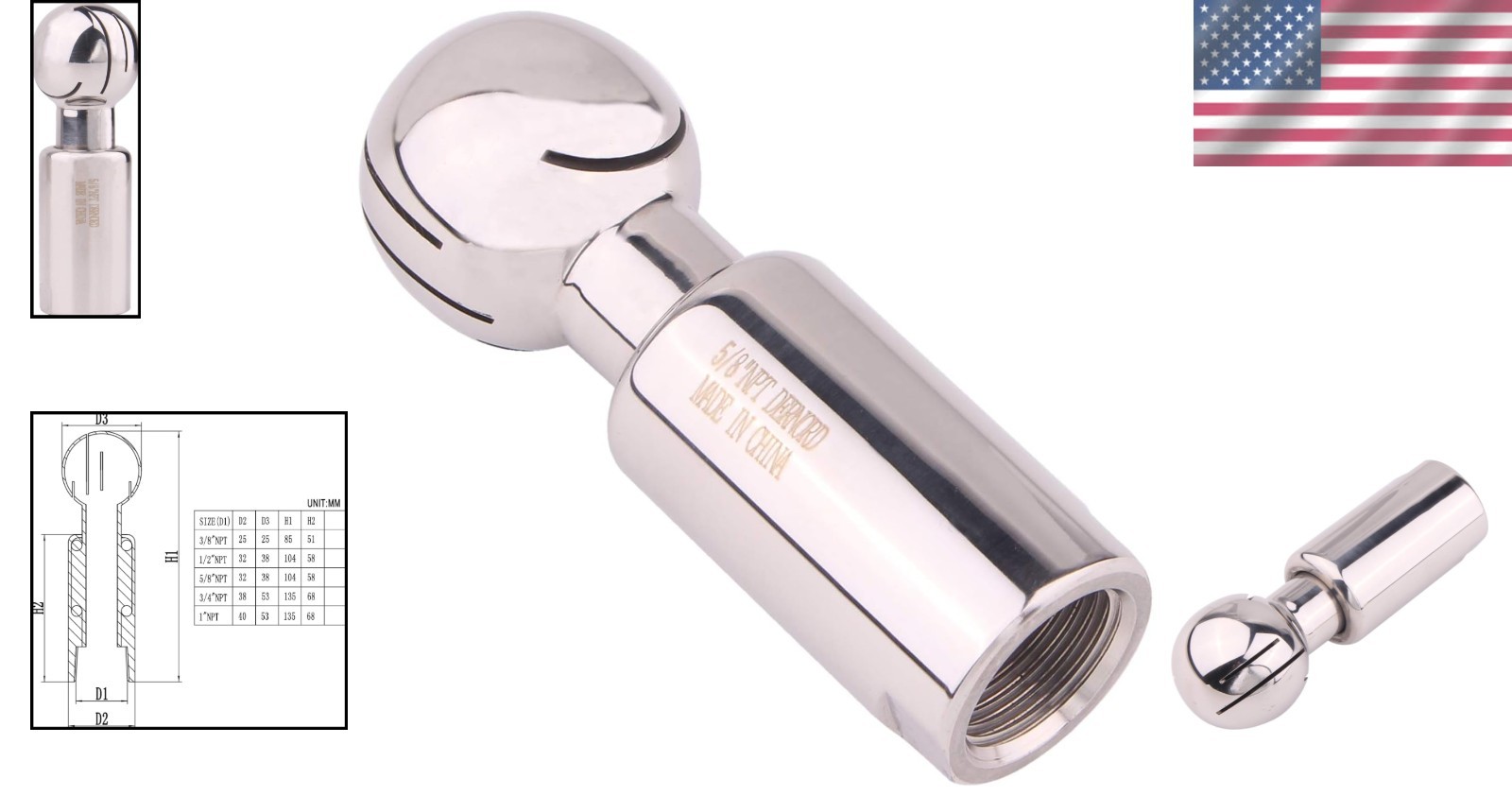 Efficient 5/8″ NPT CIP Cleaning Ball – 360° Spray Pattern in Stainless Steel 304