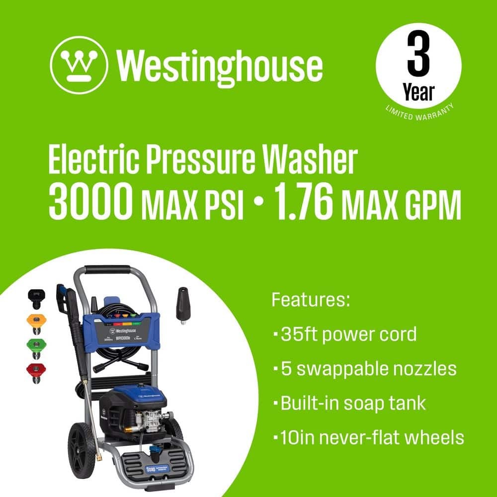 Westinghouse 3000 PSI 1.76 GPM 13 Amp Cold Water Electric Pressure Washer