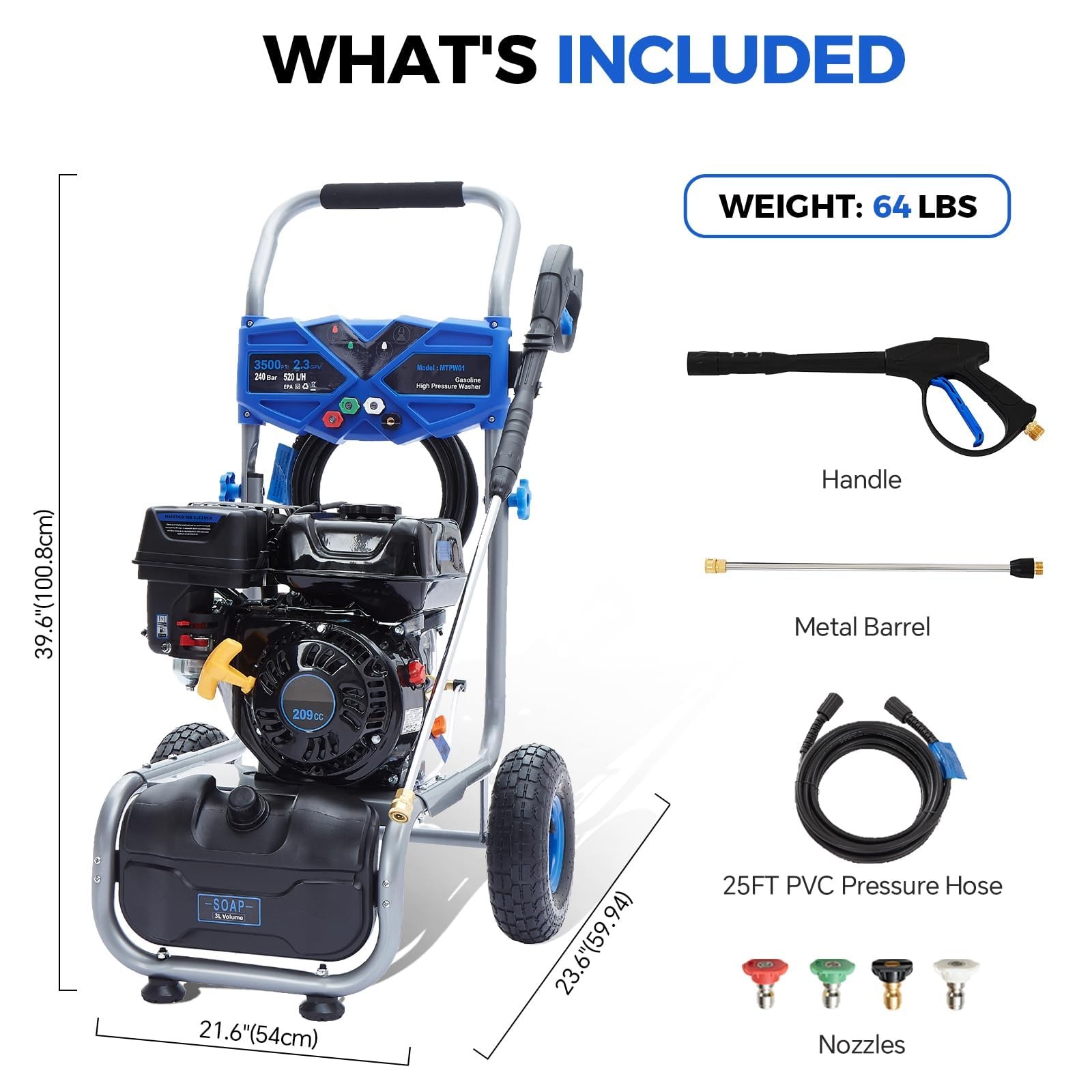Efurden Gas Pressure Washer 3500PSI 2.3GPM Cold Water Gas Powered Washer 209cc