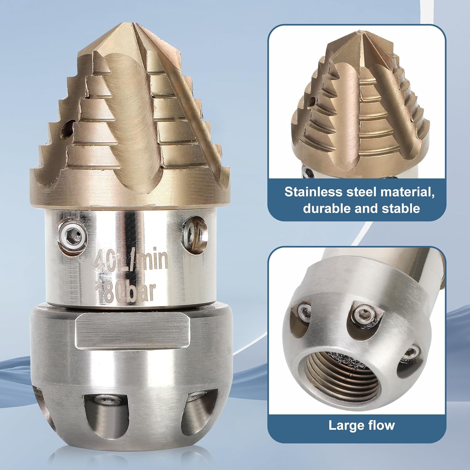 3/8 NPT Sewer Jetter Nozzle 360 Rotating Stainless Steel Pressure Washer 40 L Mi
