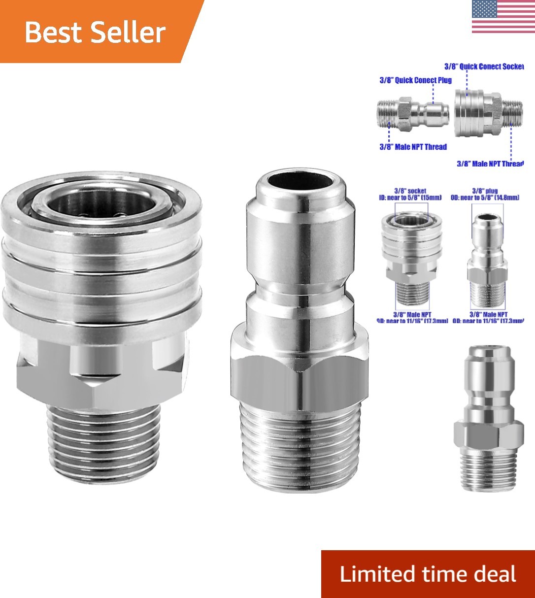 Pressure Washer Adapter Set, Quick Connect Kit, 3/8’’ Male Thread Fitting, 50…