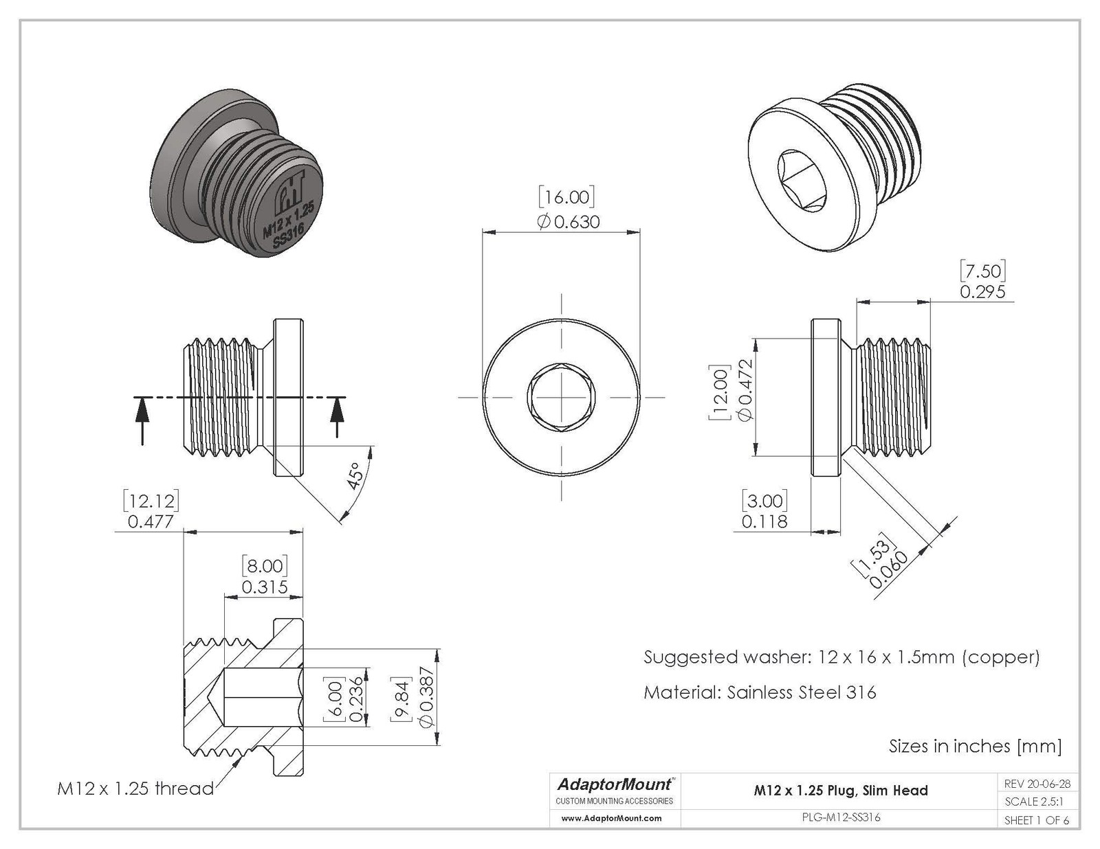 M12 x 1.25 Stainless Steel 316 Threaded Plug Fitting with Copper Washer â€“