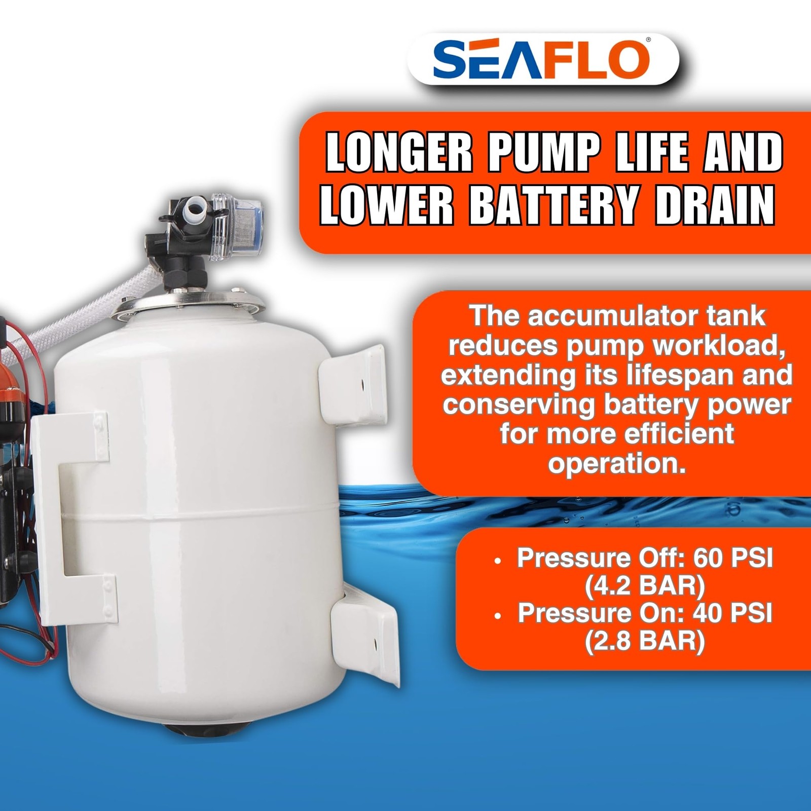 SEAFLO Marine Water Pump 12 V DC 60 PSI 5.5 GPM 2 Gallon Accumulator Tank Sys…