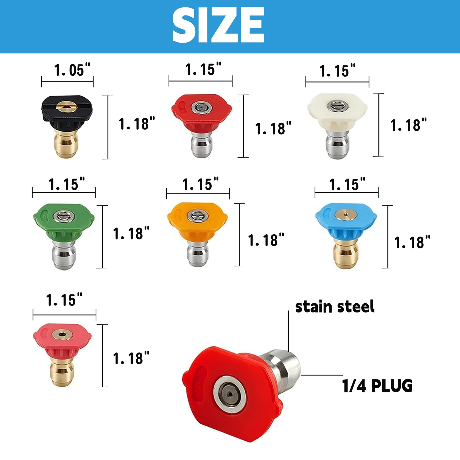 Set of 7 Pressure Washer Nozzle Tips with Holder, 1/4 Inch Quick Connect