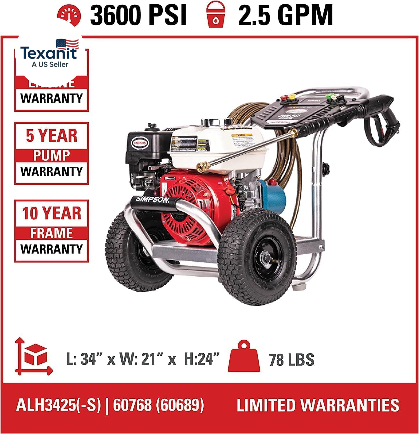 Simpson 3600 PSI Gas Pressure Washer, 2.5 GPM Commercial Power Washer, Cold Wate