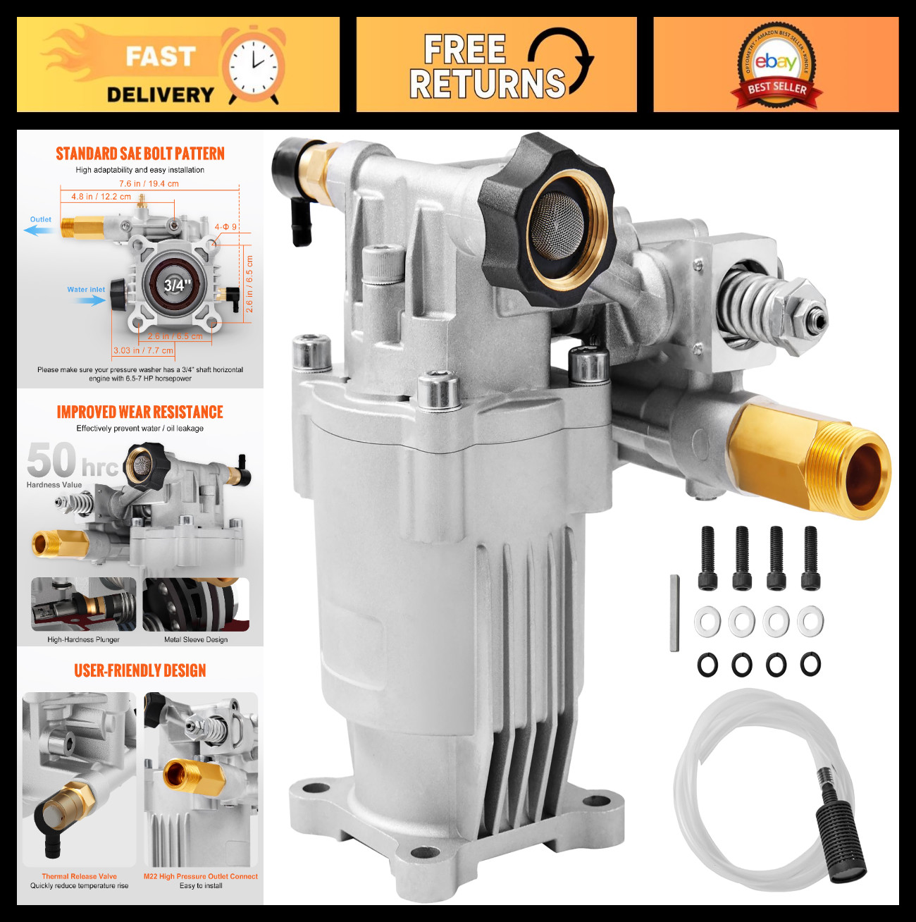 High-Pressure Washer Pump 2500-3400 PSI, 2.5 GPM, 3/4″ Shaft Replacement Parts