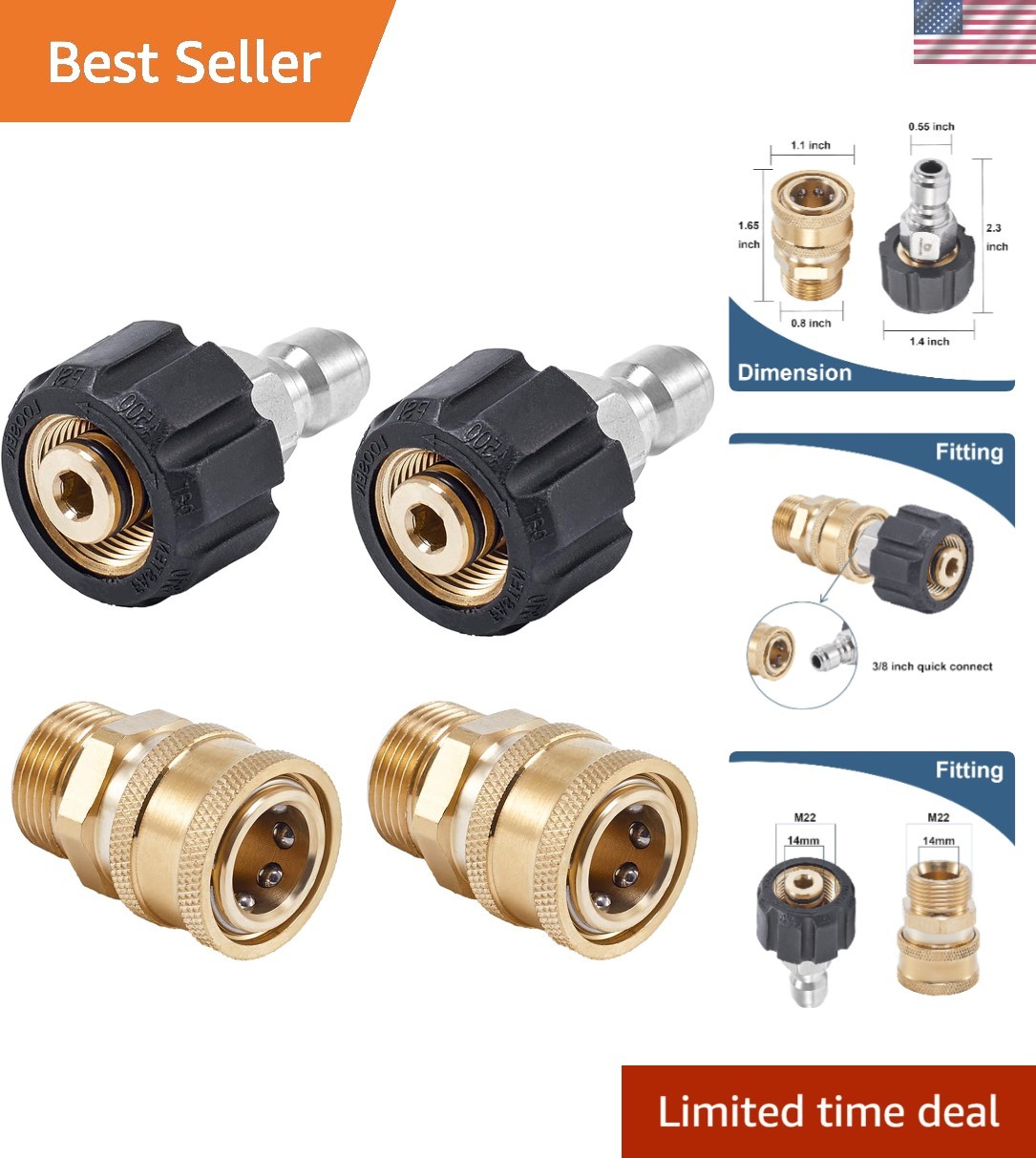 M22 14mm to 3/8 Inch Pressure Washer Quick Connect Fittings – 4 Durable Pieces