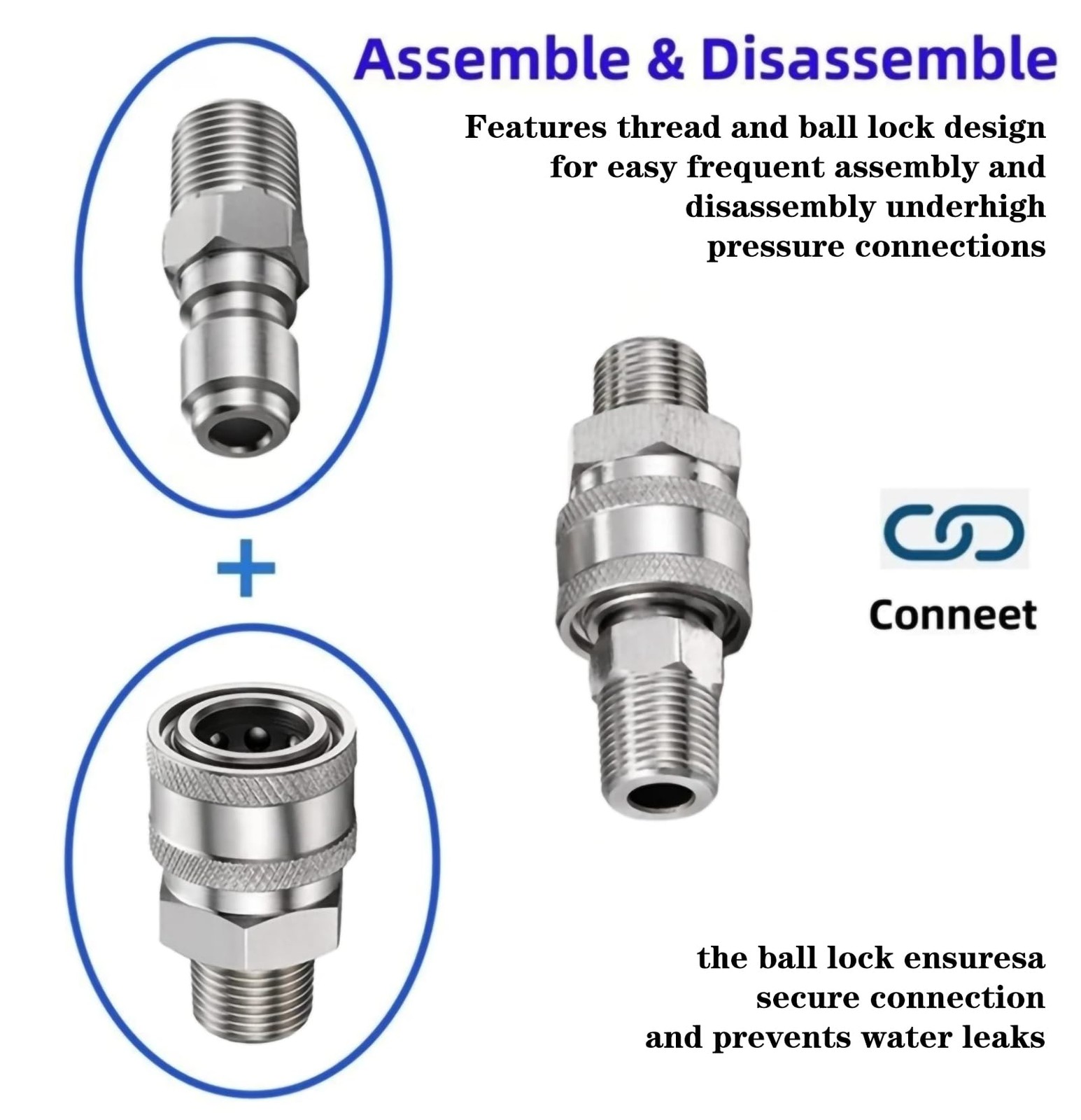 4PCS 3/8 Quick Connect Fittings Kit, Stainless Steel Adapter Set, Female, Male