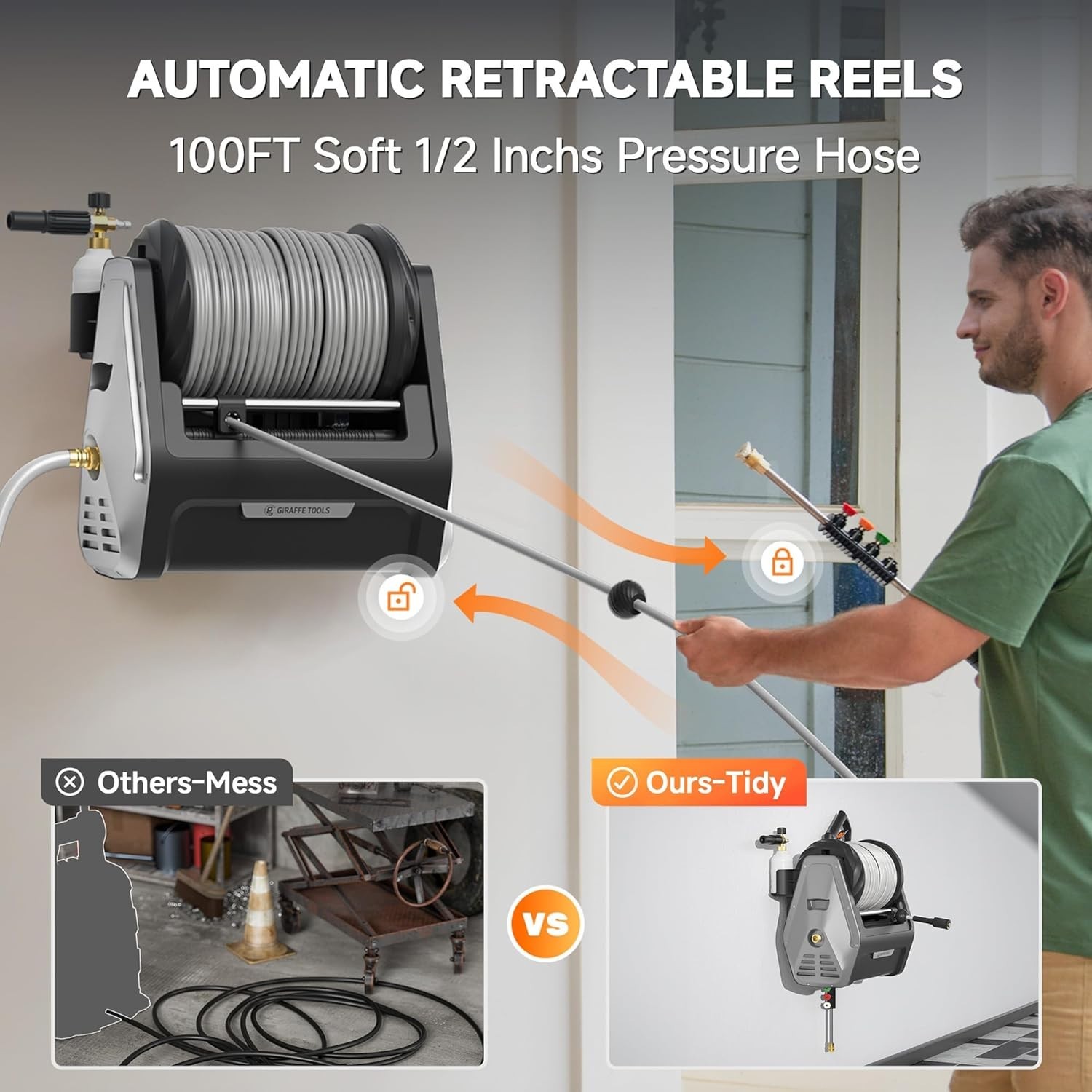 Giraffe Tools Wall Mounted Pressure Washer Max 2900 PSI Ultra-Soft Hose 100FT