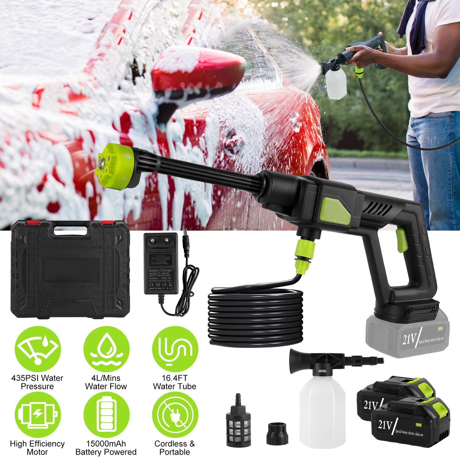 High Pressure Water Sprayer 435PSI Power Car Washer Cleaner with 6-in-1 Nozzle