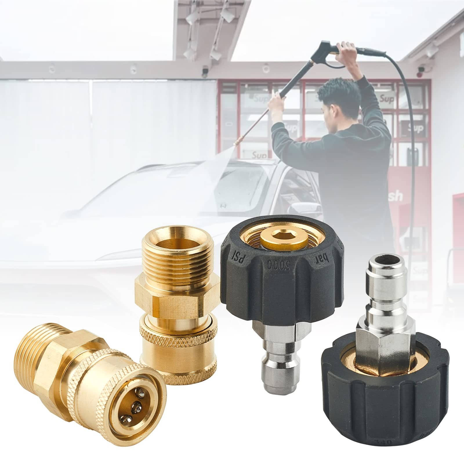 Pressure Washer Quick Connect Fittings Set, M22 14mm to 1/4 Inch Adapter, 4 Piec
