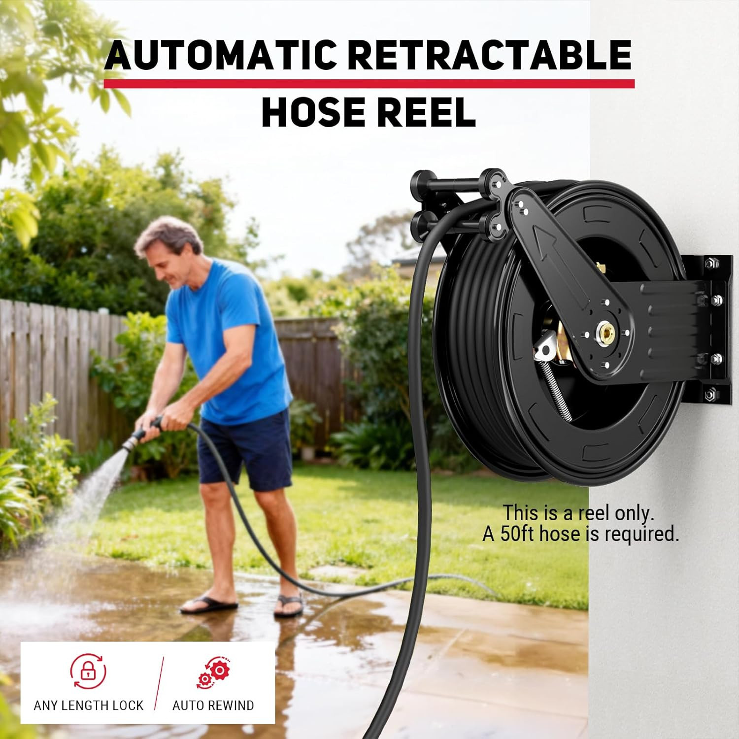 Durable 50ft Pressure Washer Hose Reel, 4000 PSI Auto Rewind Steel Design