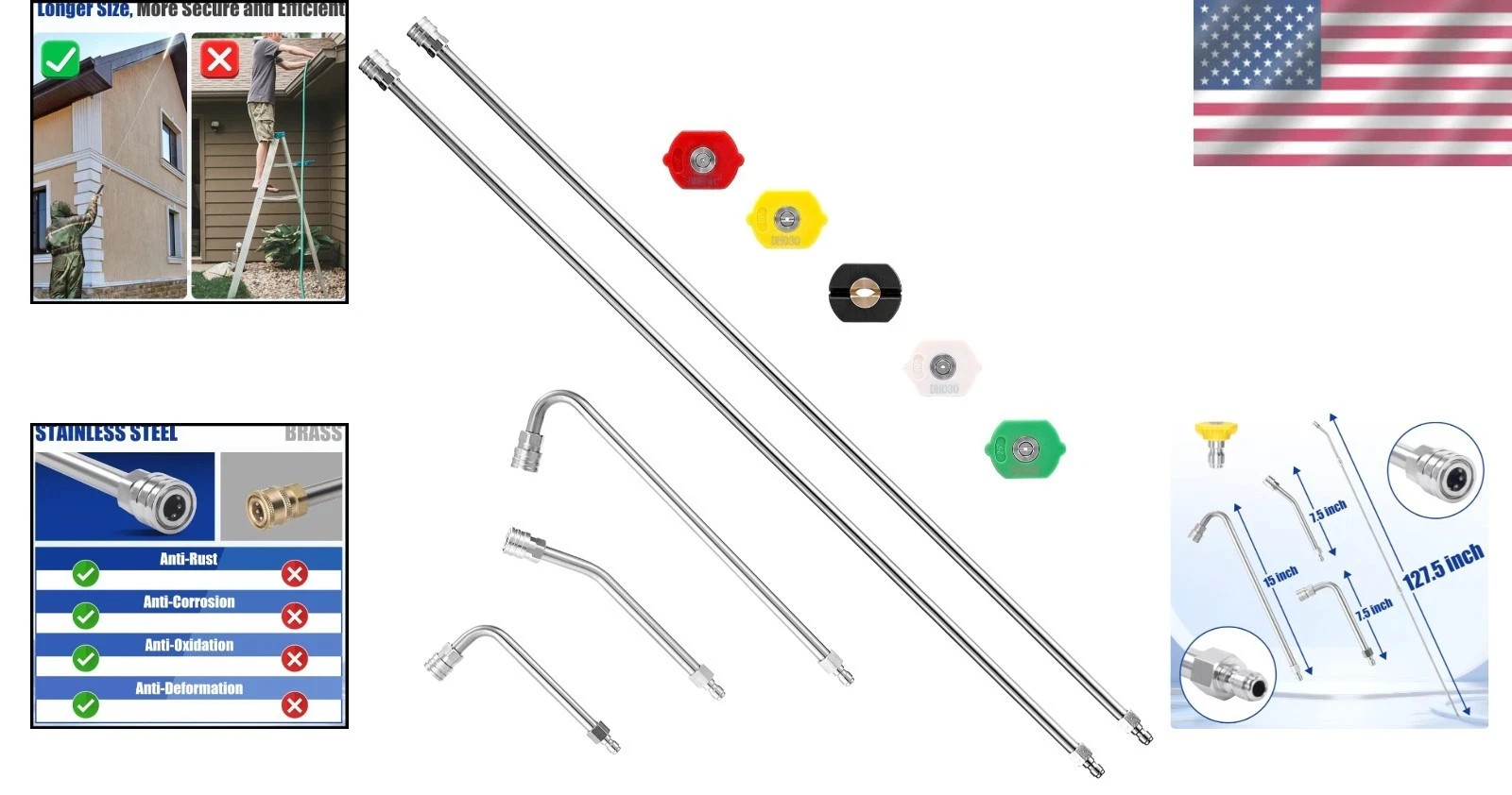 Upgrade 120″ Power Washer Lance – 5 Nozzles & Curved Rods for Ultimate Cleaning