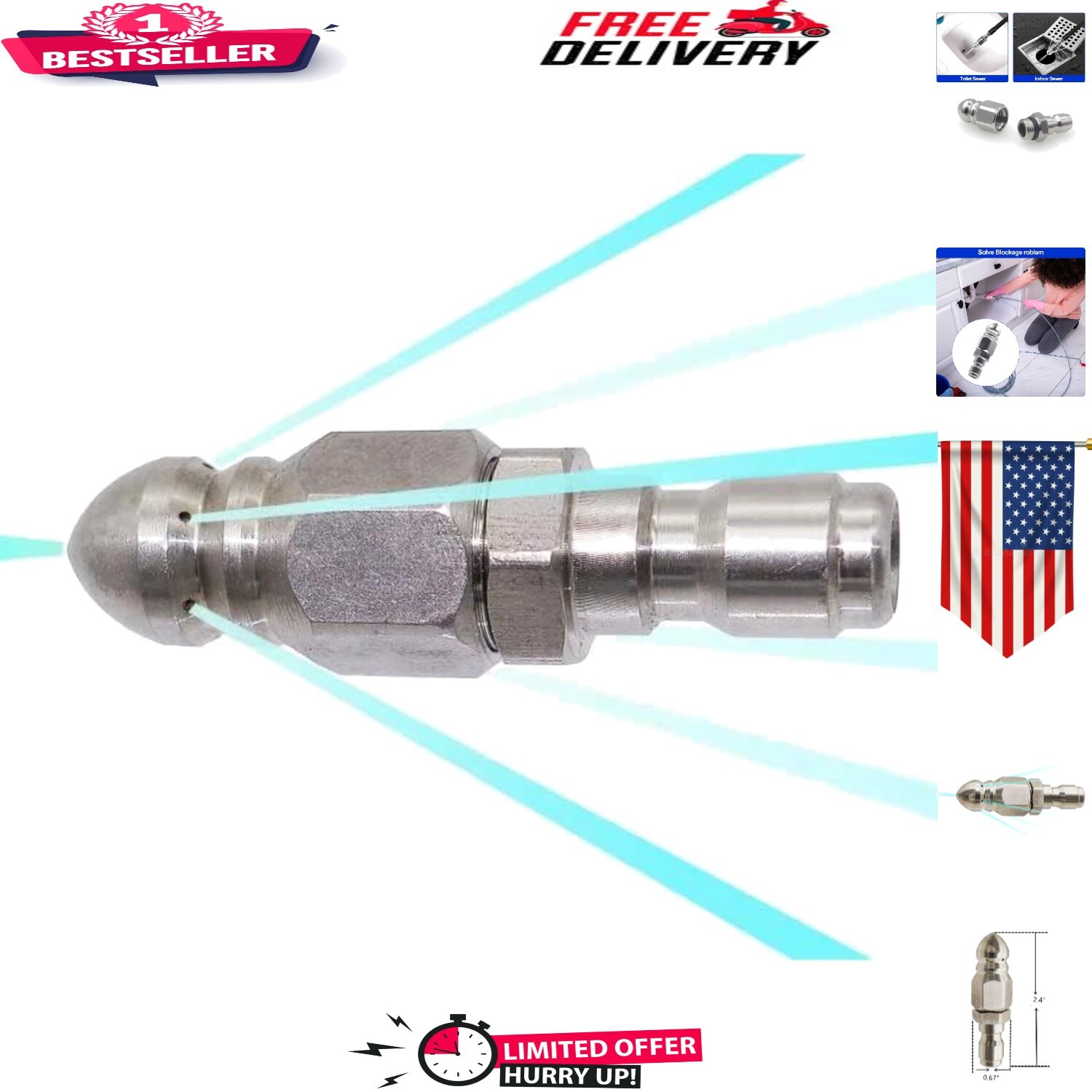 Efficient High-Pressure Sewer Jetting Nozzle – Stainless Steel 1/4” Connector