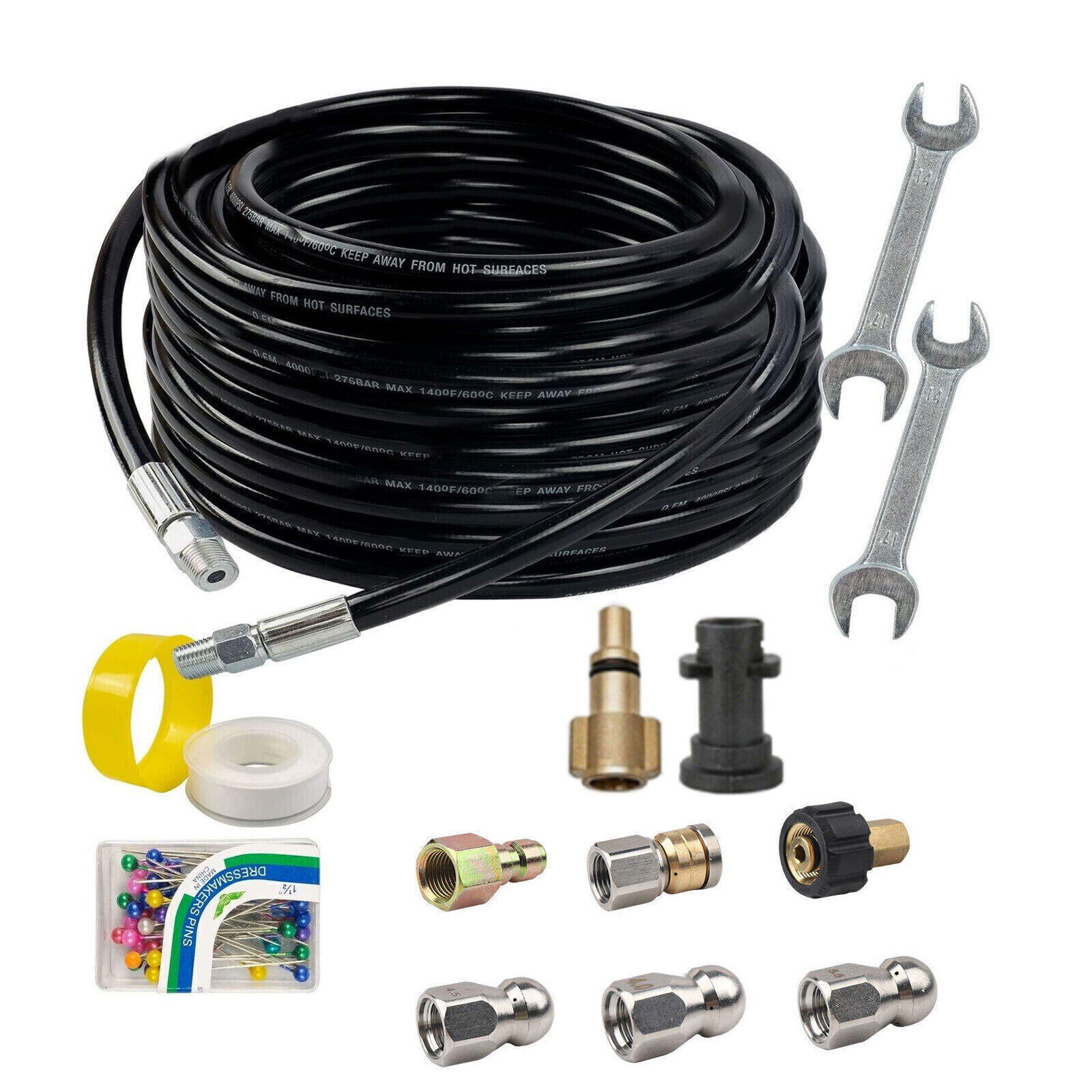100FT 5800PSI Sewer Jetter Nozzles Kit Drain Cleaning Hose for Pressure Washer