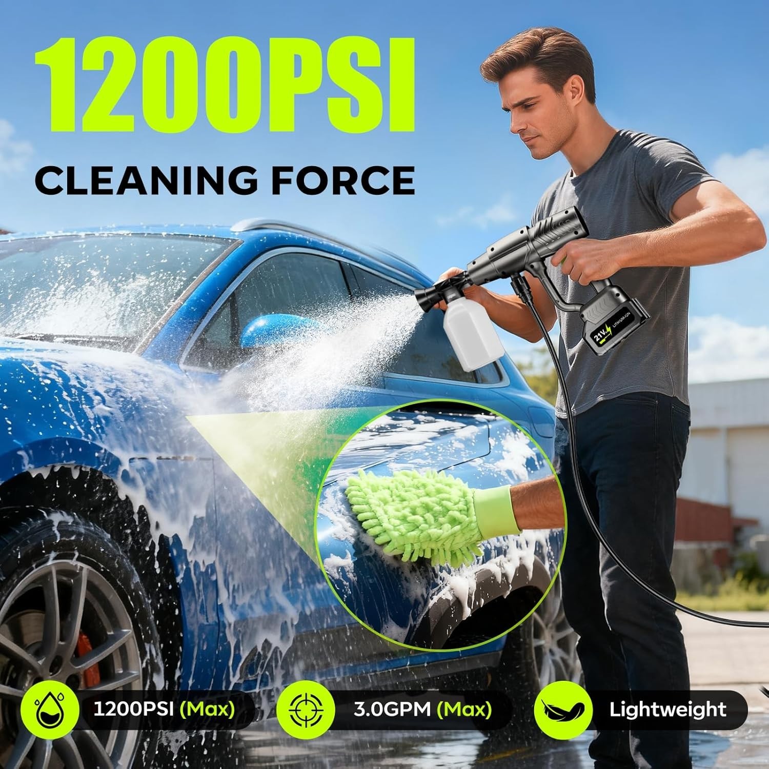Cordless Pressure Washer 1200 PSI 30 Speed w/ 6-in-1 Nozzle 24FT Hose