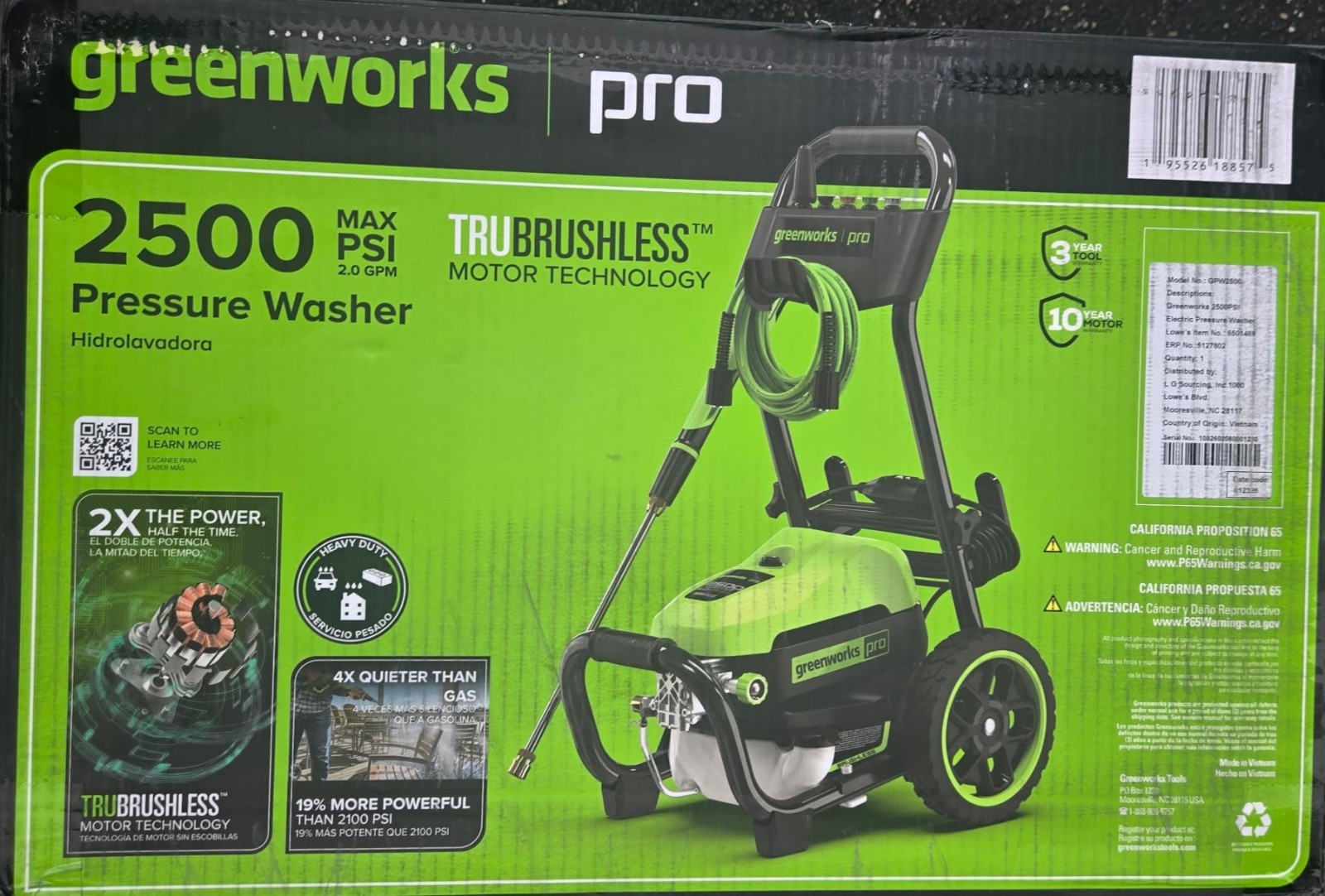 Greenworks 2500-PSI 2-GPM Cold Water Electric Pressure washer with 5 Spray Tips